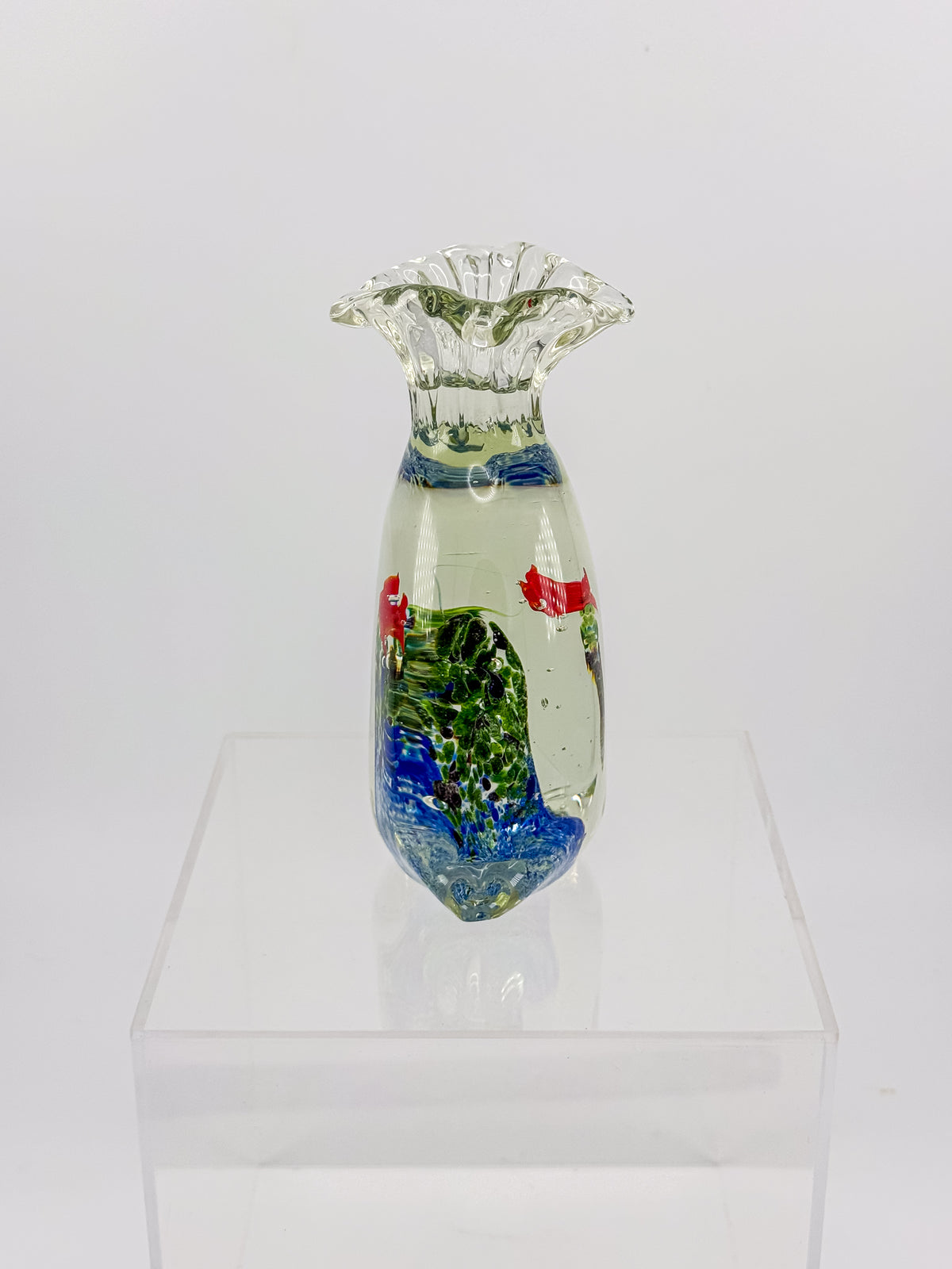 Murano-Style Art Glass Aquarium Paperweight with Red Fish, Blue and Green Seaweed, and Ruffled Top