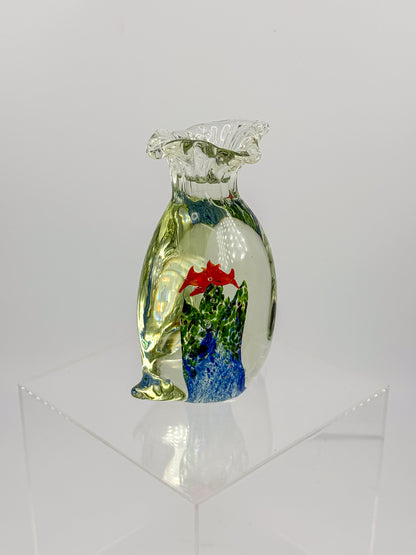 Murano-Style Art Glass Aquarium Paperweight with Red Fish, Blue and Green Seaweed, and Ruffled Top