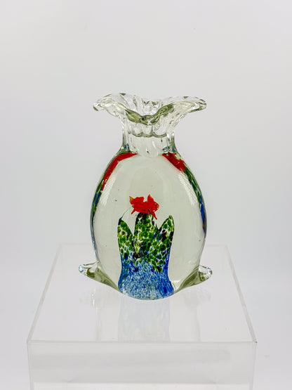 Murano-Style Art Glass Aquarium Paperweight with Red Fish, Blue and Green Seaweed, and Ruffled Top