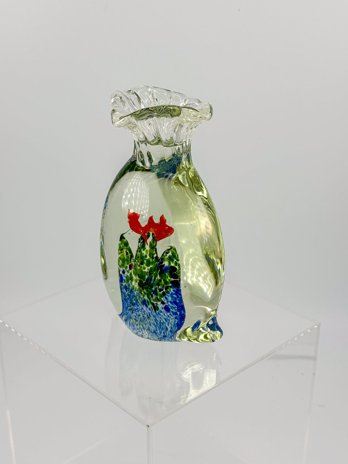 Murano-Style Art Glass Aquarium Paperweight with Red Fish, Blue and Green Seaweed, and Ruffled Top