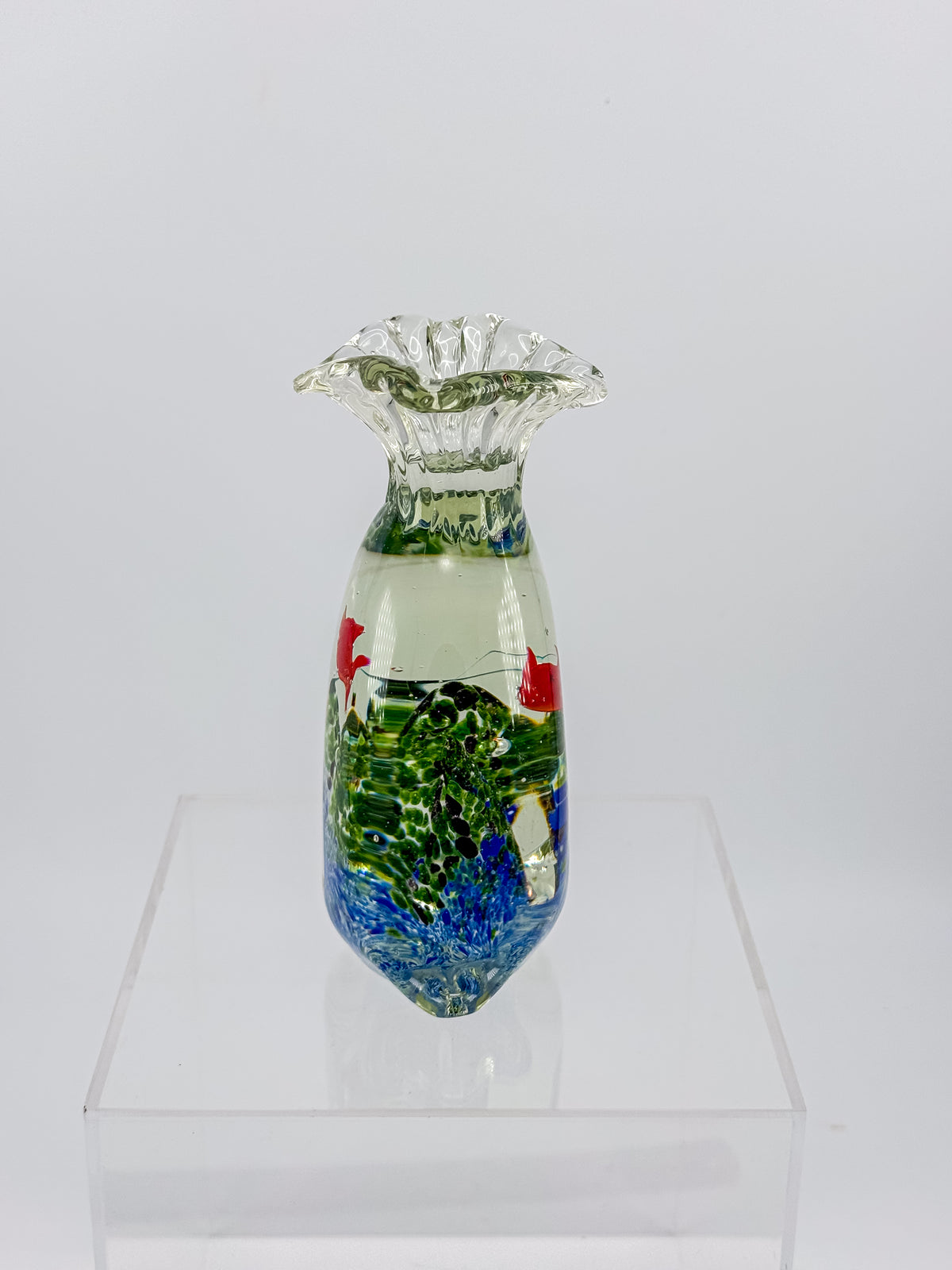 Murano-Style Art Glass Aquarium Paperweight with Red Fish, Blue and Green Seaweed, and Ruffled Top