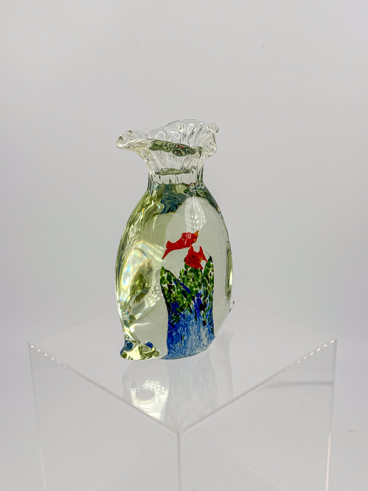 Murano-Style Art Glass Aquarium Paperweight with Red Fish, Blue and Green Seaweed, and Ruffled Top
