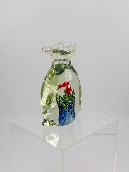 Murano-Style Art Glass Aquarium Paperweight with Red Fish, Blue and Green Seaweed, and Ruffled Top