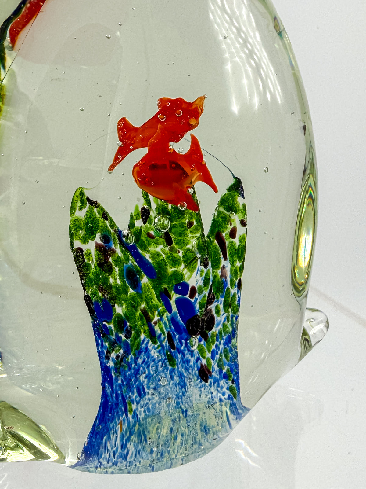 Murano-Style Art Glass Aquarium Paperweight with Red Fish, Blue and Green Seaweed, and Ruffled Top