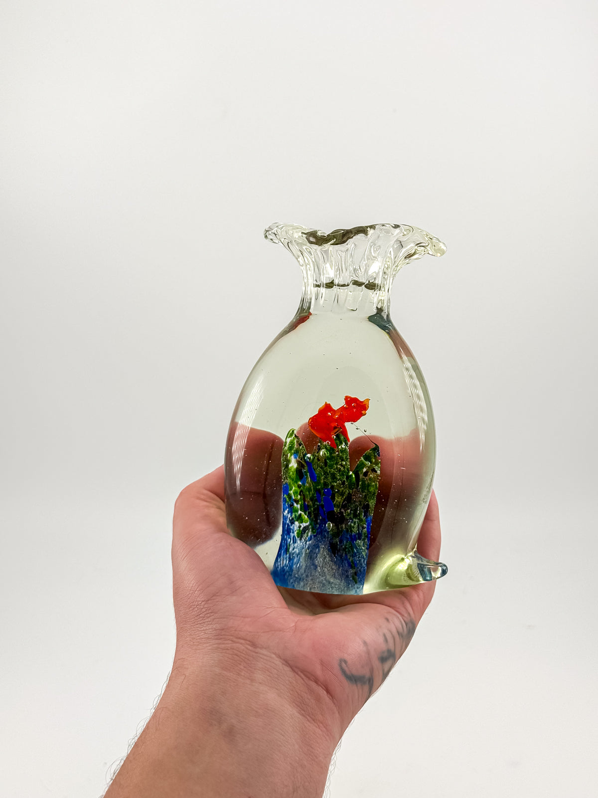 Murano-Style Art Glass Aquarium Paperweight with Red Fish, Blue and Green Seaweed, and Ruffled Top