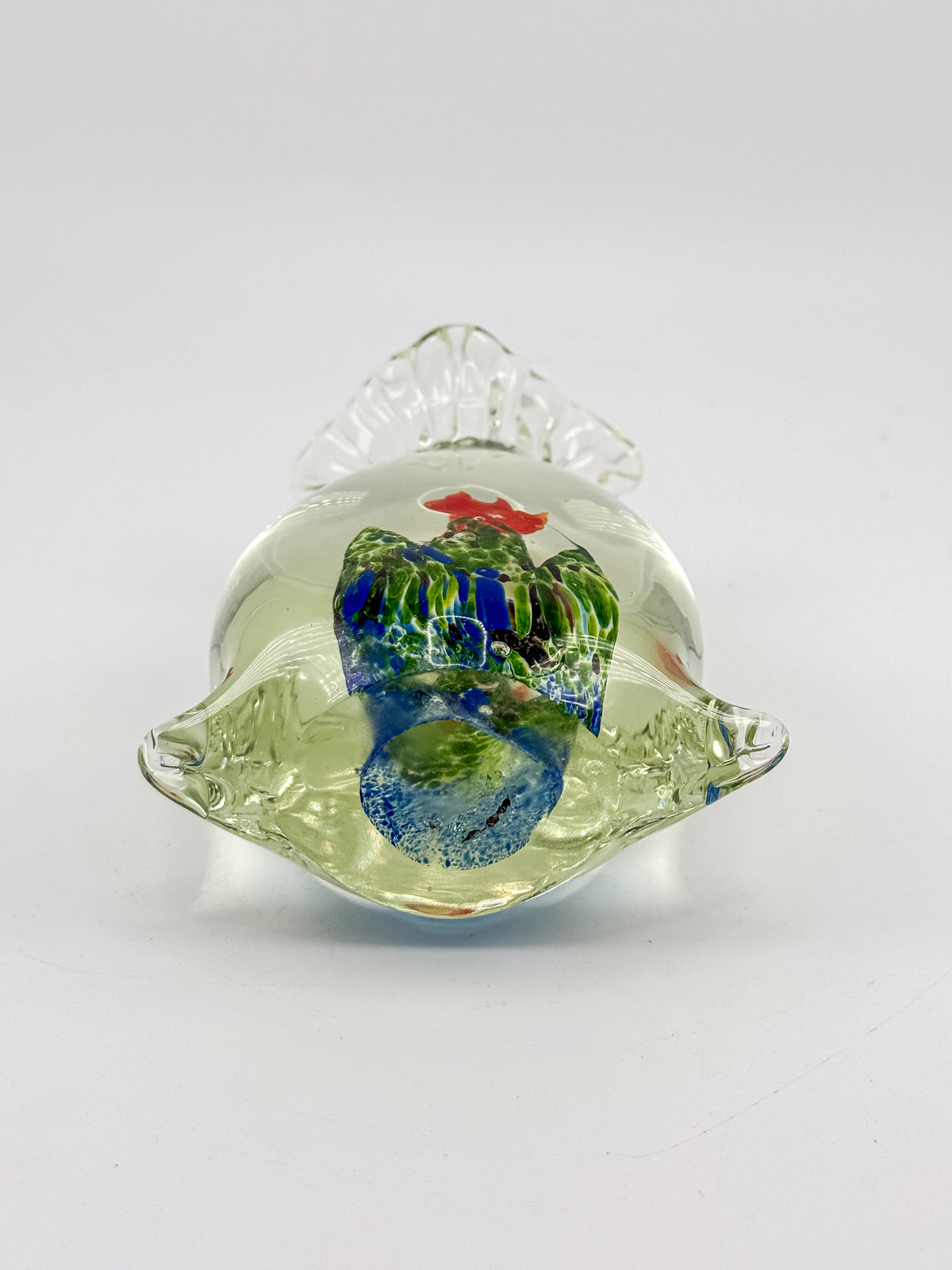 Murano-Style Art Glass Aquarium Paperweight with Red Fish, Blue and Green Seaweed, and Ruffled Top