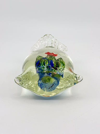 Murano-Style Art Glass Aquarium Paperweight with Red Fish, Blue and Green Seaweed, and Ruffled Top