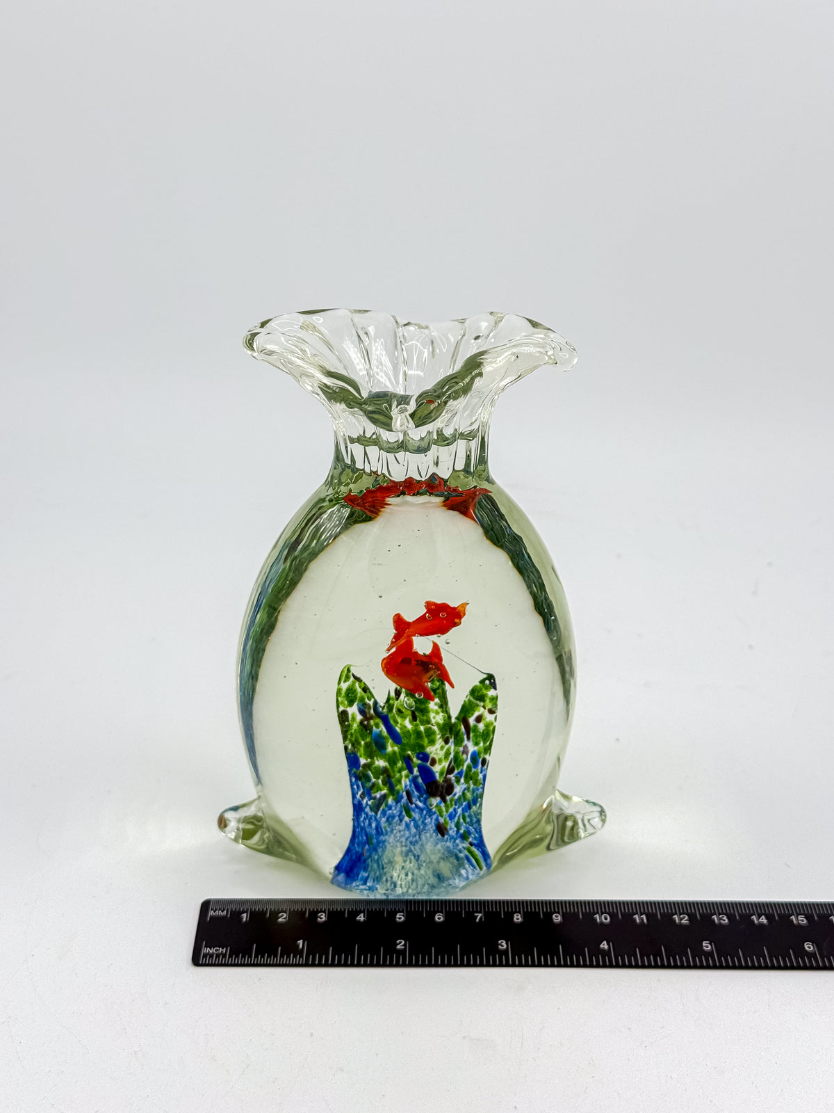 Murano-Style Art Glass Aquarium Paperweight with Red Fish, Blue and Green Seaweed, and Ruffled Top