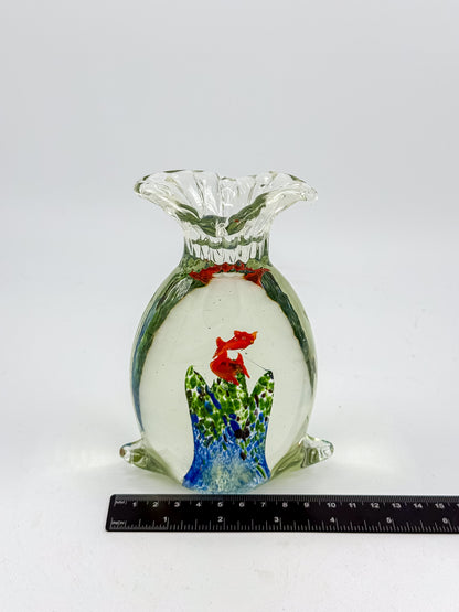 Murano-Style Art Glass Aquarium Paperweight with Red Fish, Blue and Green Seaweed, and Ruffled Top
