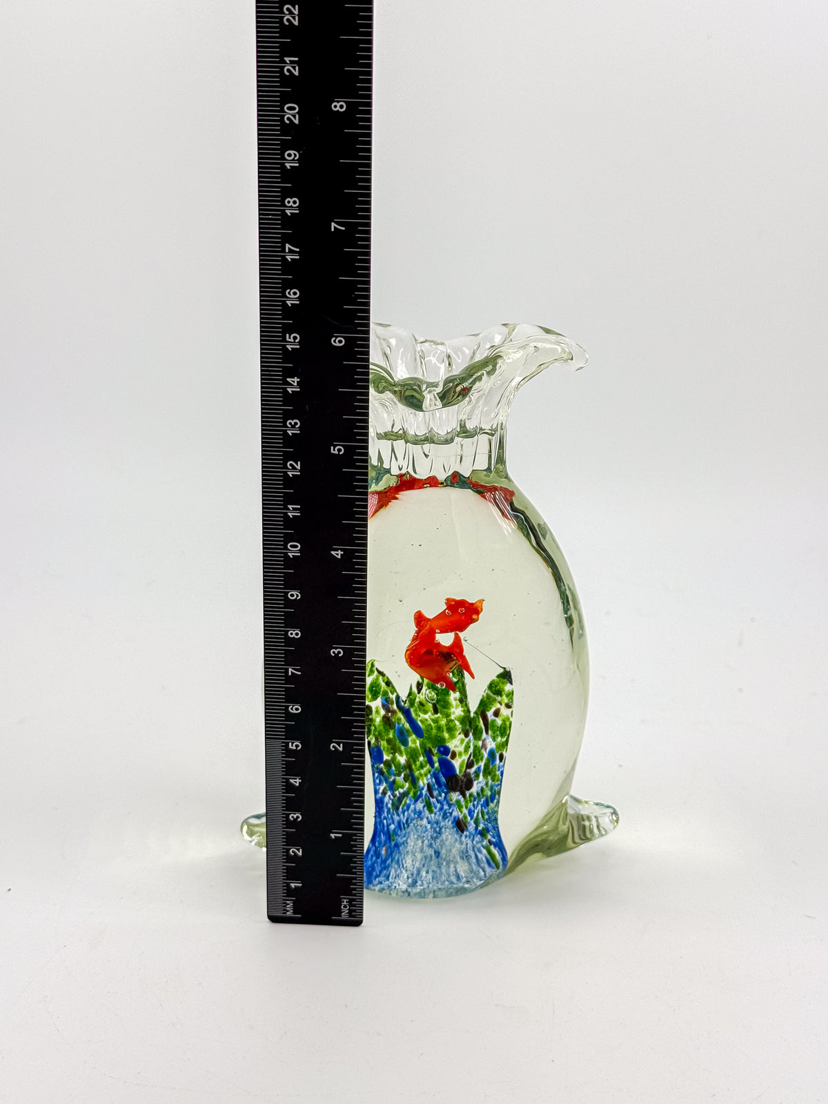 Murano-Style Art Glass Aquarium Paperweight with Red Fish, Blue and Green Seaweed, and Ruffled Top