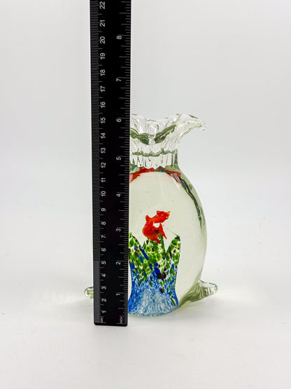Murano-Style Art Glass Aquarium Paperweight with Red Fish, Blue and Green Seaweed, and Ruffled Top