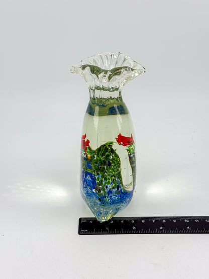 Murano-Style Art Glass Aquarium Paperweight with Red Fish, Blue and Green Seaweed, and Ruffled Top