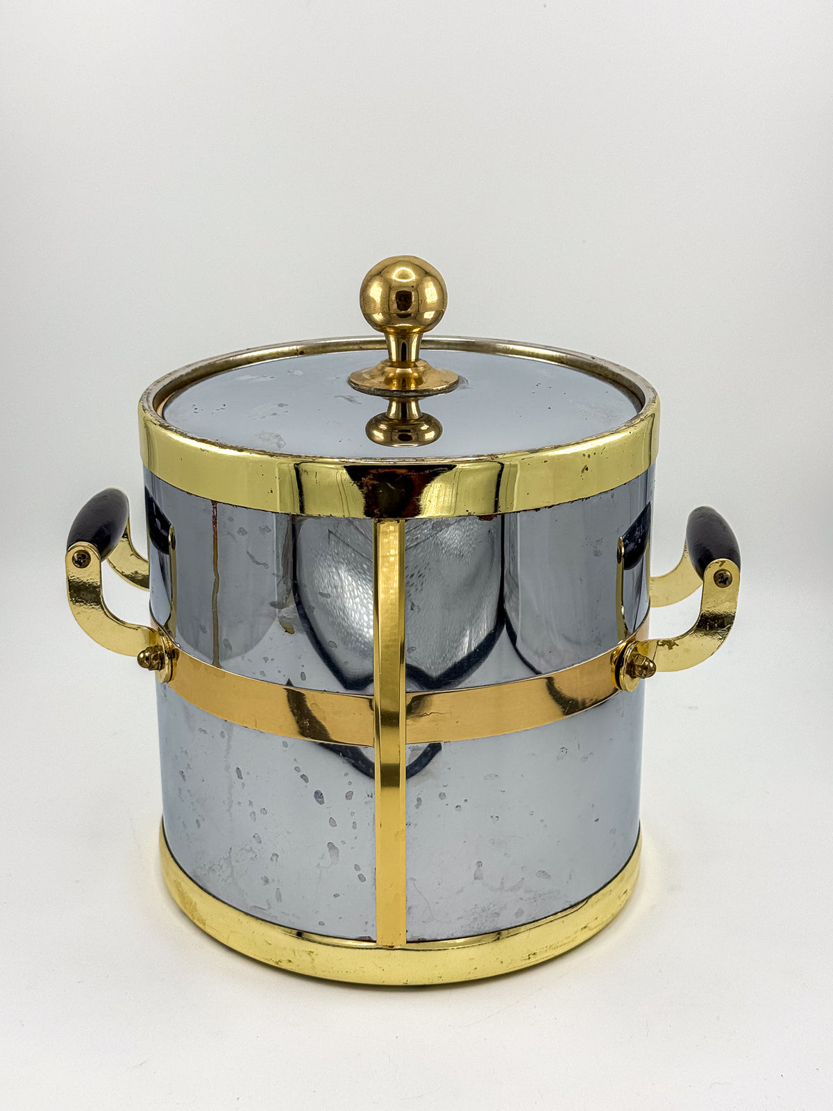 Silver-Tone and Gold-Tone Ice Bucket with Lid and Black Side Handles, Hollywood Regency-Style Bar Cart Decor