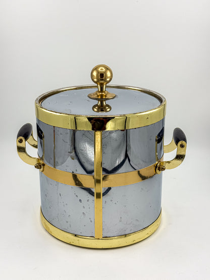 Silver-Tone and Gold-Tone Ice Bucket with Lid and Black Side Handles, Hollywood Regency-Style Bar Cart Decor