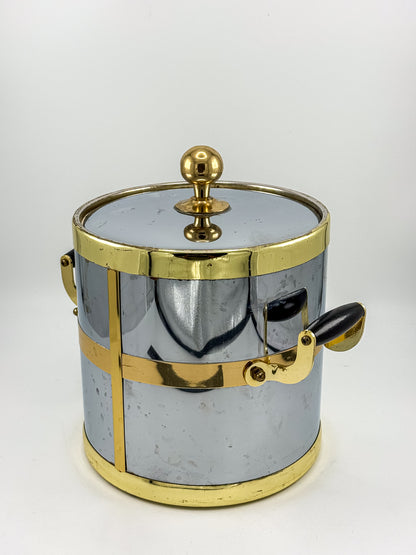 Silver-Tone and Gold-Tone Ice Bucket with Lid and Black Side Handles, Hollywood Regency-Style Bar Cart Decor