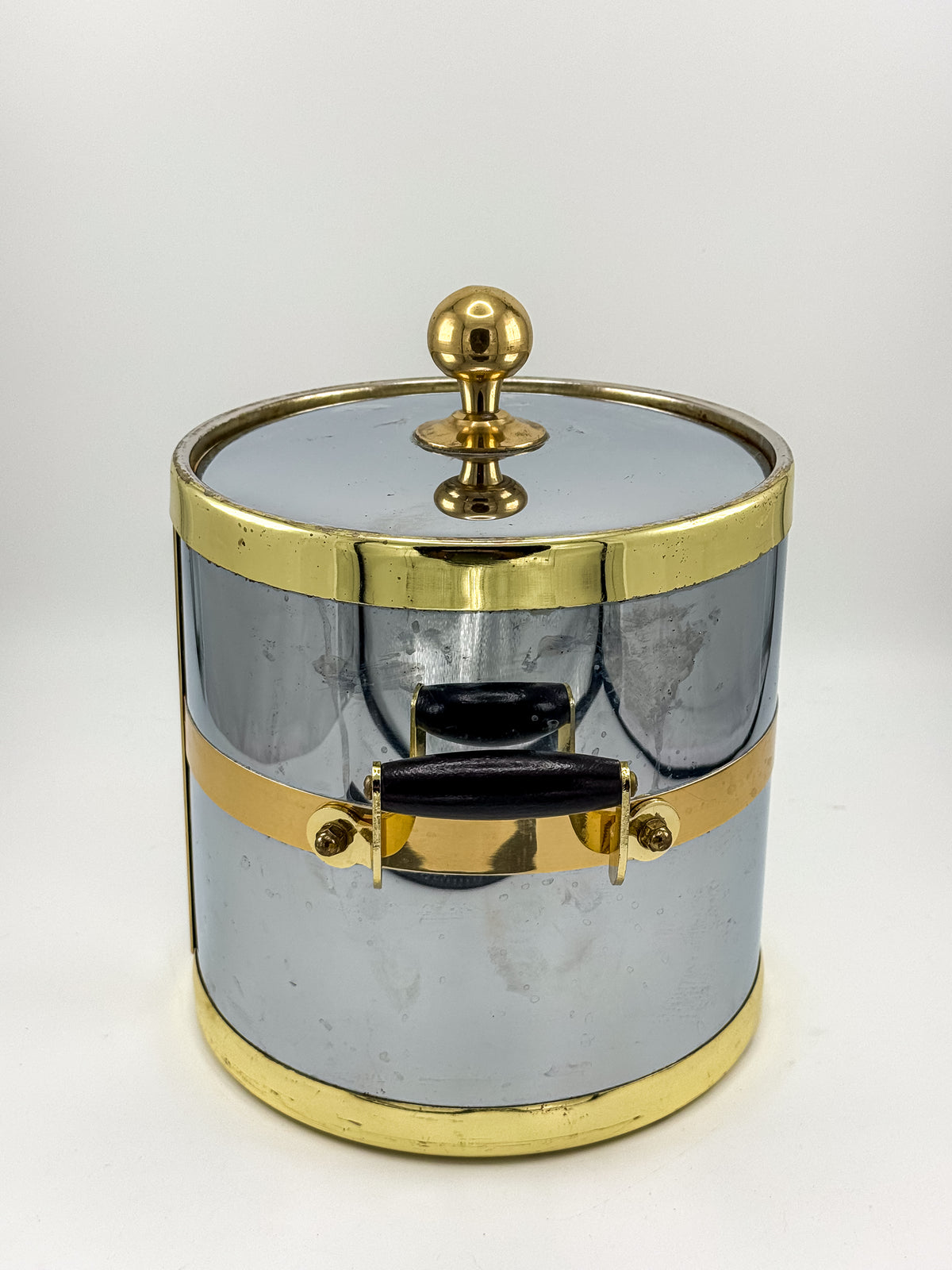 Silver-Tone and Gold-Tone Ice Bucket with Lid and Black Side Handles, Hollywood Regency-Style Bar Cart Decor