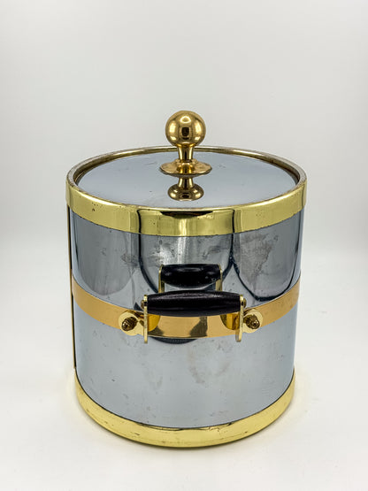 Silver-Tone and Gold-Tone Ice Bucket with Lid and Black Side Handles, Hollywood Regency-Style Bar Cart Decor