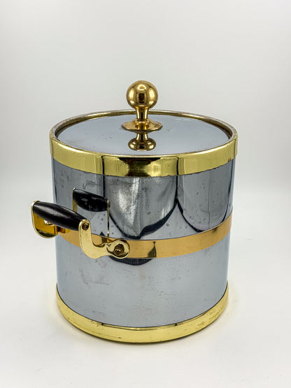 Silver-Tone and Gold-Tone Ice Bucket with Lid and Black Side Handles, Hollywood Regency-Style Bar Cart Decor