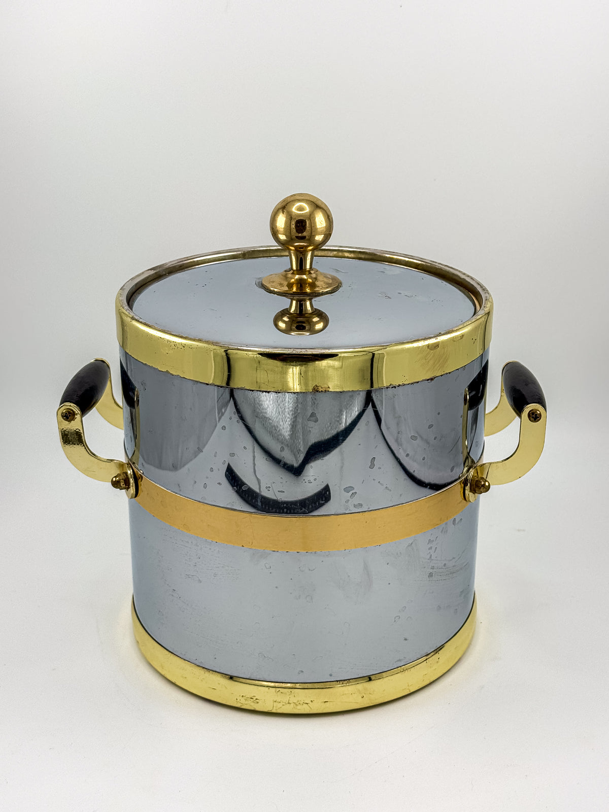 Silver-Tone and Gold-Tone Ice Bucket with Lid and Black Side Handles, Hollywood Regency-Style Bar Cart Decor