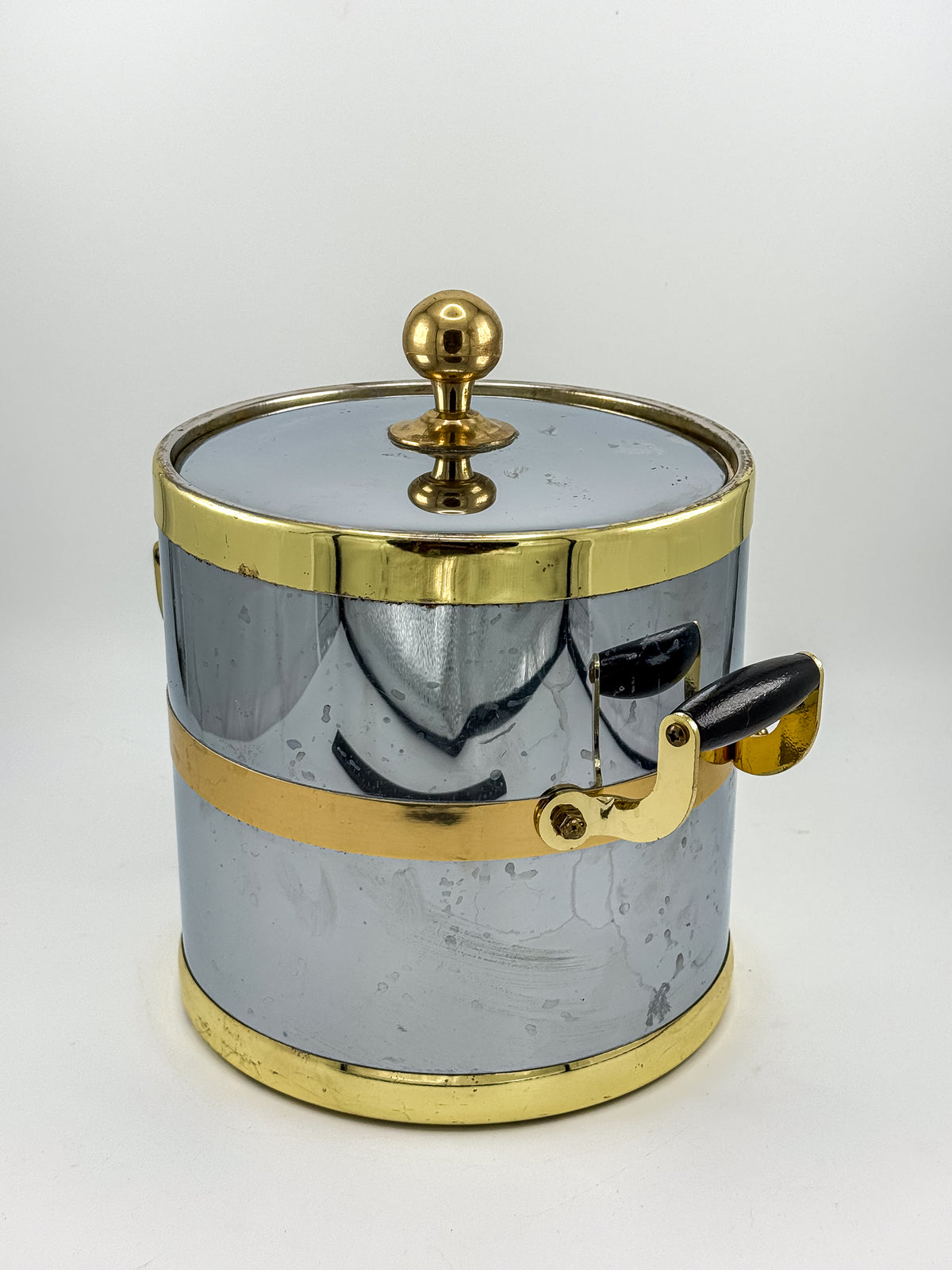 Silver-Tone and Gold-Tone Ice Bucket with Lid and Black Side Handles, Hollywood Regency-Style Bar Cart Decor