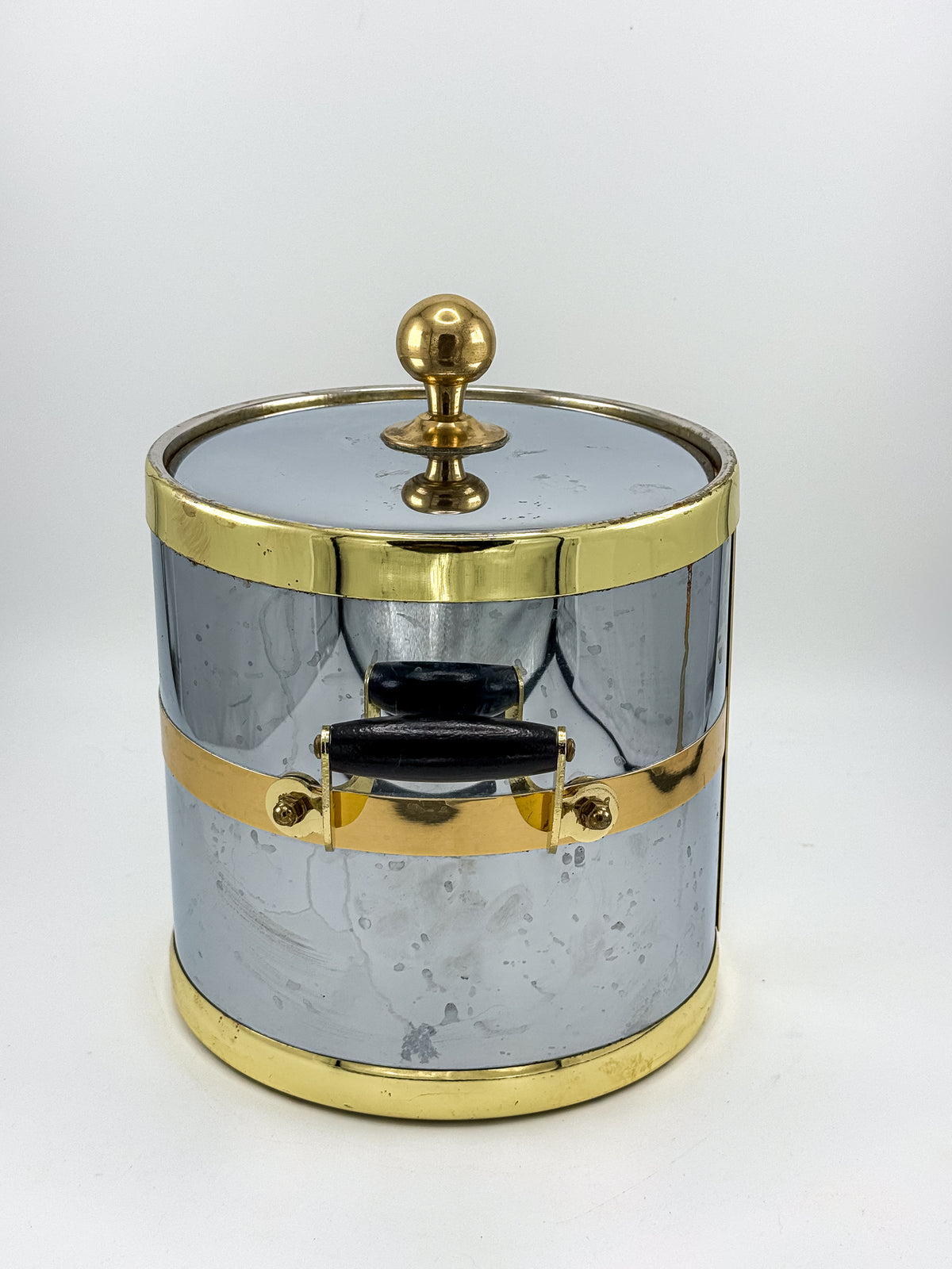 Silver-Tone and Gold-Tone Ice Bucket with Lid and Black Side Handles, Hollywood Regency-Style Bar Cart Decor