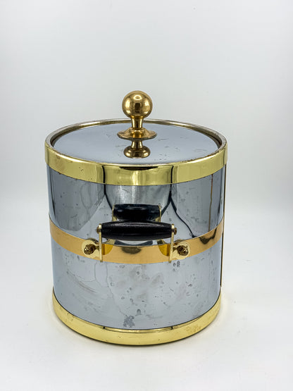 Silver-Tone and Gold-Tone Ice Bucket with Lid and Black Side Handles, Hollywood Regency-Style Bar Cart Decor