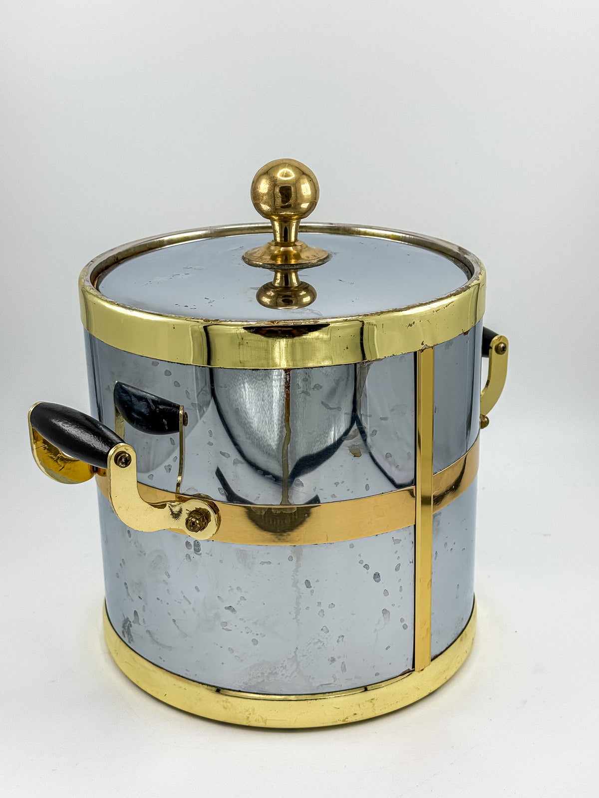 Silver-Tone and Gold-Tone Ice Bucket with Lid and Black Side Handles, Hollywood Regency-Style Bar Cart Decor
