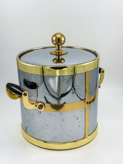 Silver-Tone and Gold-Tone Ice Bucket with Lid and Black Side Handles, Hollywood Regency-Style Bar Cart Decor
