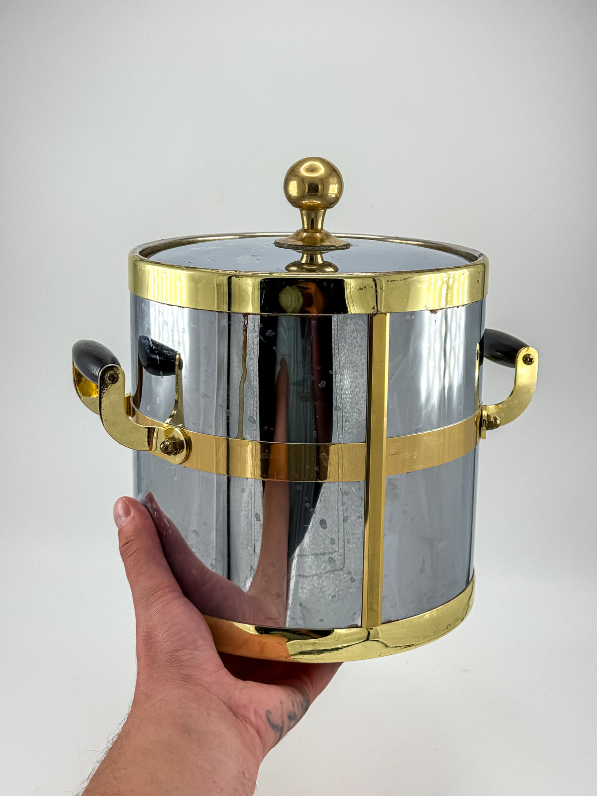 Silver-Tone and Gold-Tone Ice Bucket with Lid and Black Side Handles, Hollywood Regency-Style Bar Cart Decor