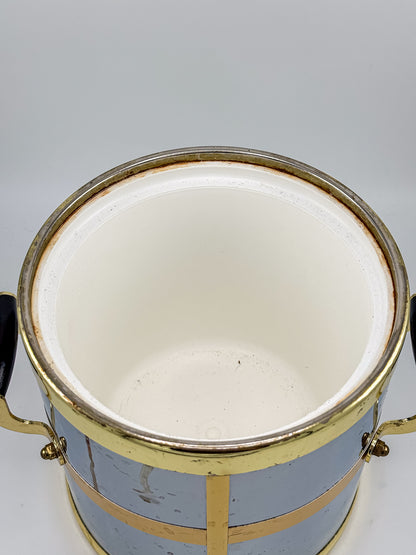 Silver-Tone and Gold-Tone Ice Bucket with Lid and Black Side Handles, Hollywood Regency-Style Bar Cart Decor