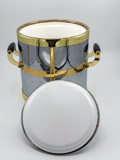 Silver-Tone and Gold-Tone Ice Bucket with Lid and Black Side Handles, Hollywood Regency-Style Bar Cart Decor