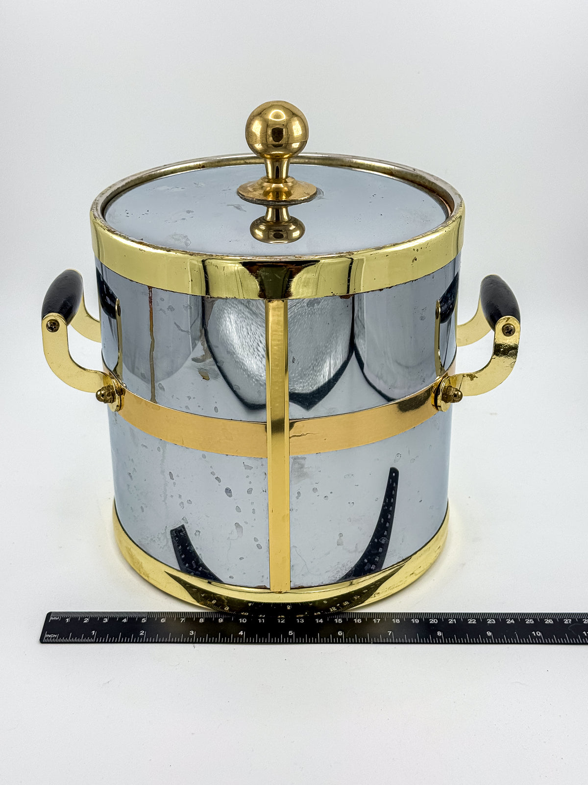 Silver-Tone and Gold-Tone Ice Bucket with Lid and Black Side Handles, Hollywood Regency-Style Bar Cart Decor