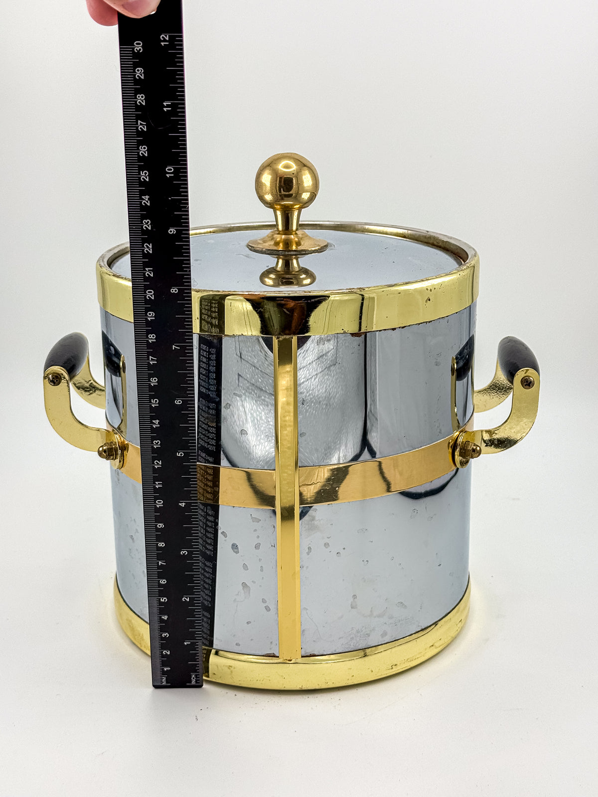 Silver-Tone and Gold-Tone Ice Bucket with Lid and Black Side Handles, Hollywood Regency-Style Bar Cart Decor