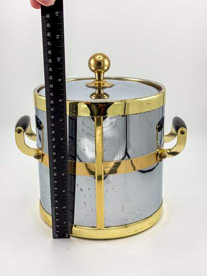 Silver-Tone and Gold-Tone Ice Bucket with Lid and Black Side Handles, Hollywood Regency-Style Bar Cart Decor