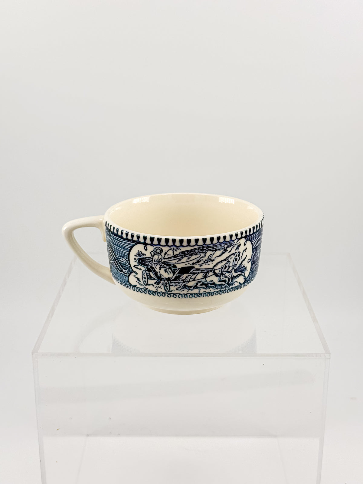 Currier and Ives Blue and Cream Ceramic Teacup or Coffee Cup with Horse-Drawn Carriage Scene, Sold Individually