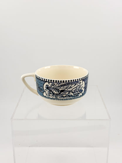 Currier and Ives Blue and Cream Ceramic Teacup or Coffee Cup with Horse-Drawn Carriage Scene, Sold Individually