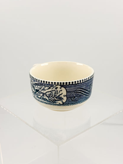 Currier and Ives Blue and Cream Ceramic Teacup or Coffee Cup with Horse-Drawn Carriage Scene, Sold Individually