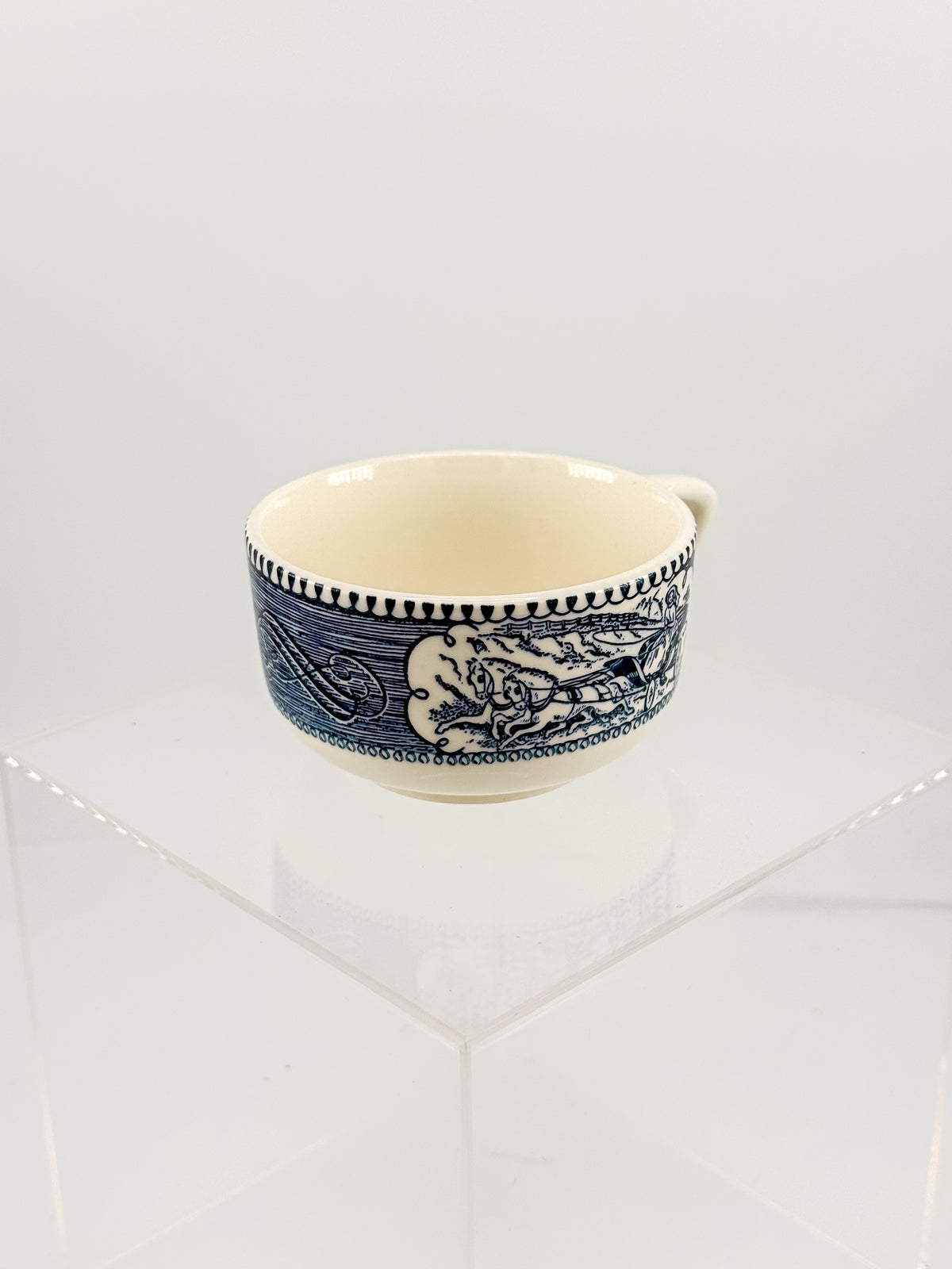 Currier and Ives Blue and Cream Ceramic Teacup or Coffee Cup with Horse-Drawn Carriage Scene, Sold Individually