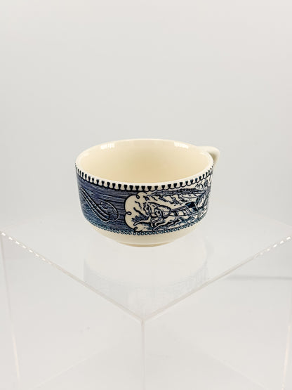 Currier and Ives Blue and Cream Ceramic Teacup or Coffee Cup with Horse-Drawn Carriage Scene, Sold Individually
