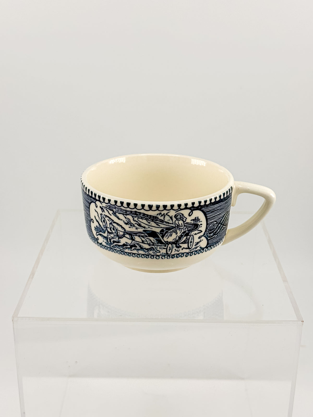 Currier and Ives Blue and Cream Ceramic Teacup or Coffee Cup with Horse-Drawn Carriage Scene, Sold Individually