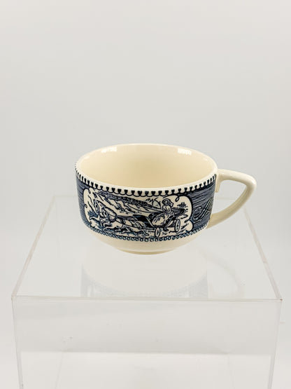 Currier and Ives Blue and Cream Ceramic Teacup or Coffee Cup with Horse-Drawn Carriage Scene, Sold Individually