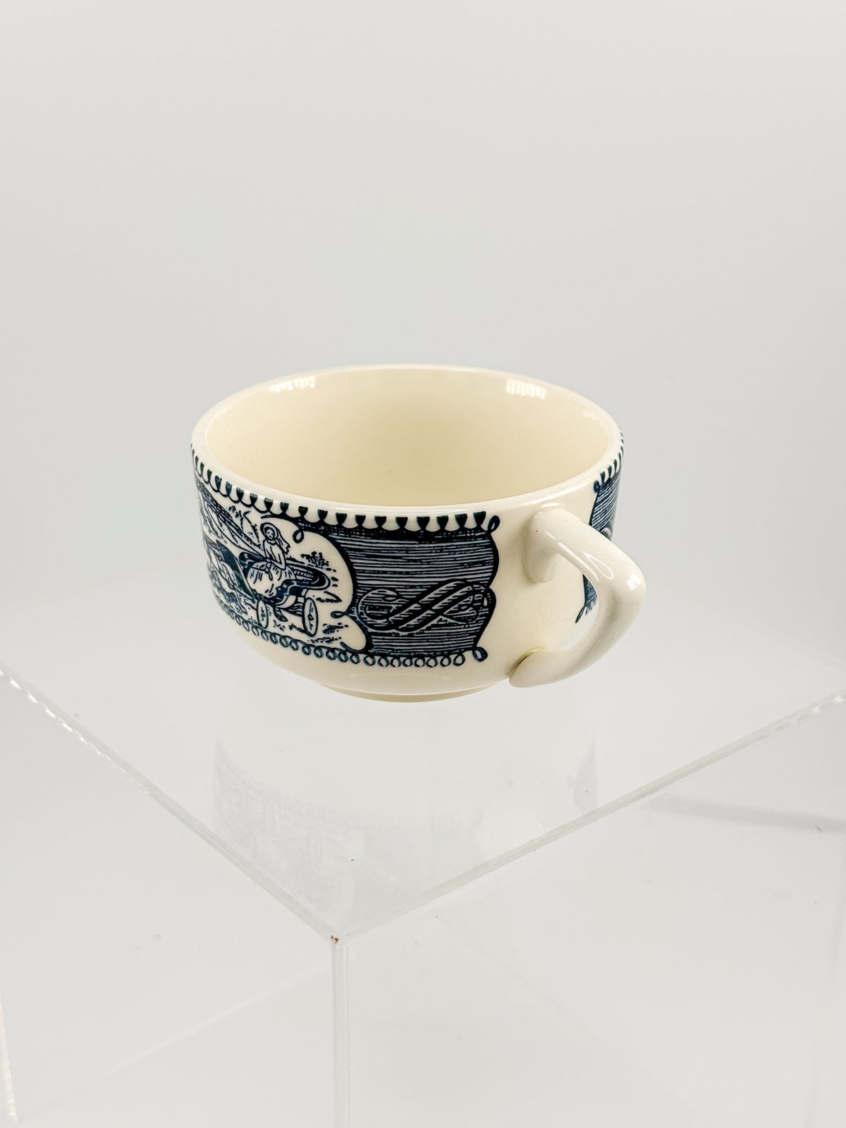 Currier and Ives Blue and Cream Ceramic Teacup or Coffee Cup with Horse-Drawn Carriage Scene, Sold Individually