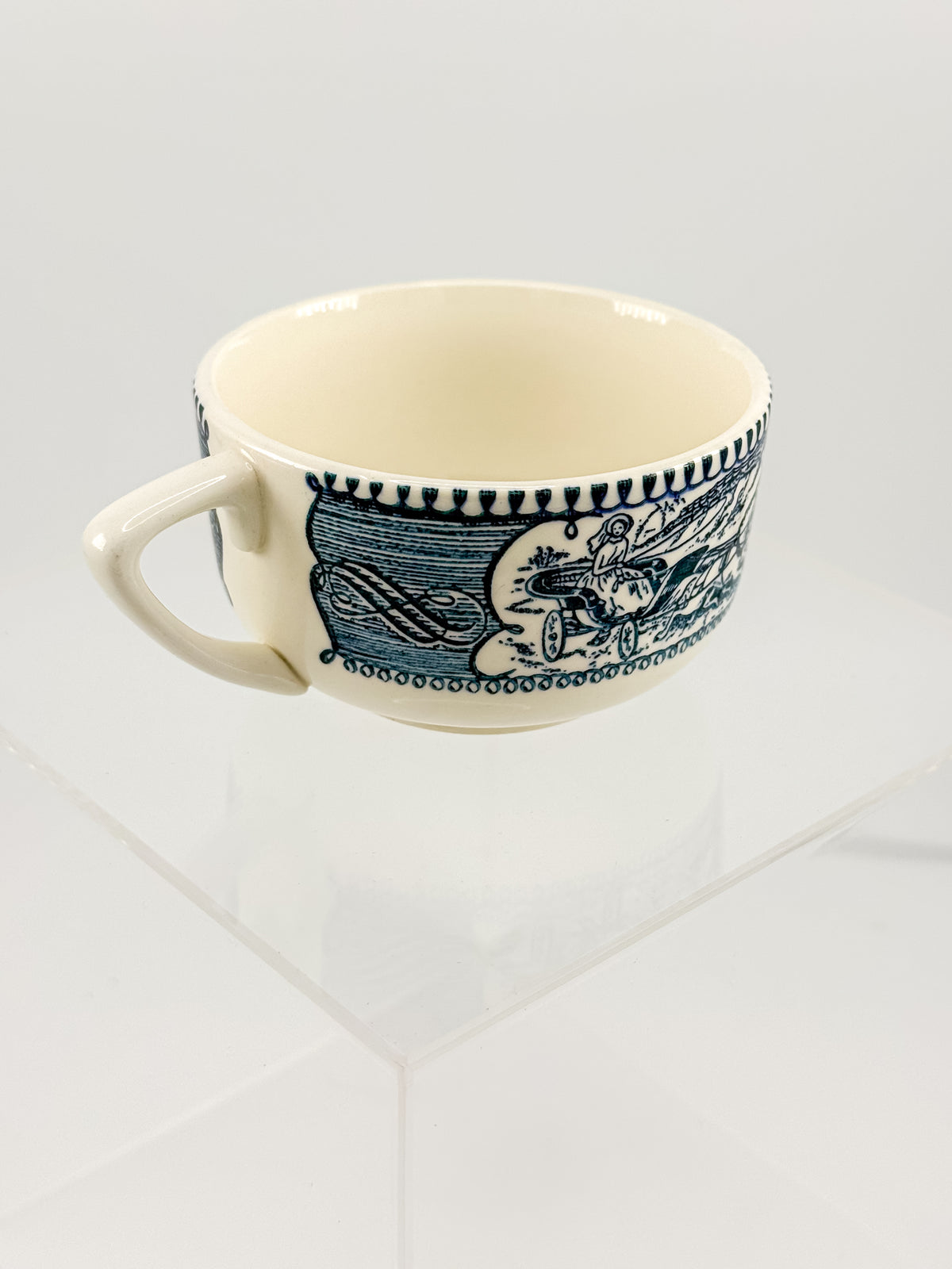 Currier and Ives Blue and Cream Ceramic Teacup or Coffee Cup with Horse-Drawn Carriage Scene, Sold Individually