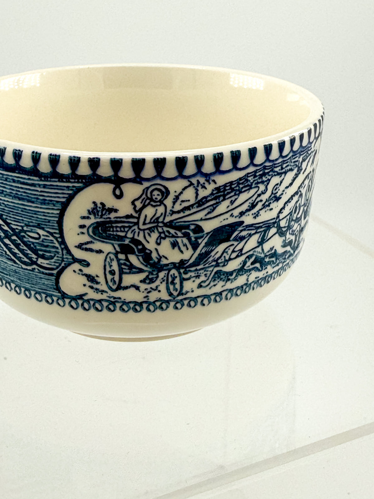 Currier and Ives Blue and Cream Ceramic Teacup or Coffee Cup with Horse-Drawn Carriage Scene, Sold Individually