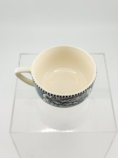 Currier and Ives Blue and Cream Ceramic Teacup or Coffee Cup with Horse-Drawn Carriage Scene, Sold Individually