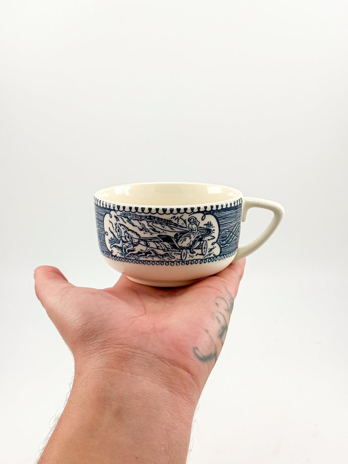 Currier and Ives Blue and Cream Ceramic Teacup or Coffee Cup with Horse-Drawn Carriage Scene, Sold Individually
