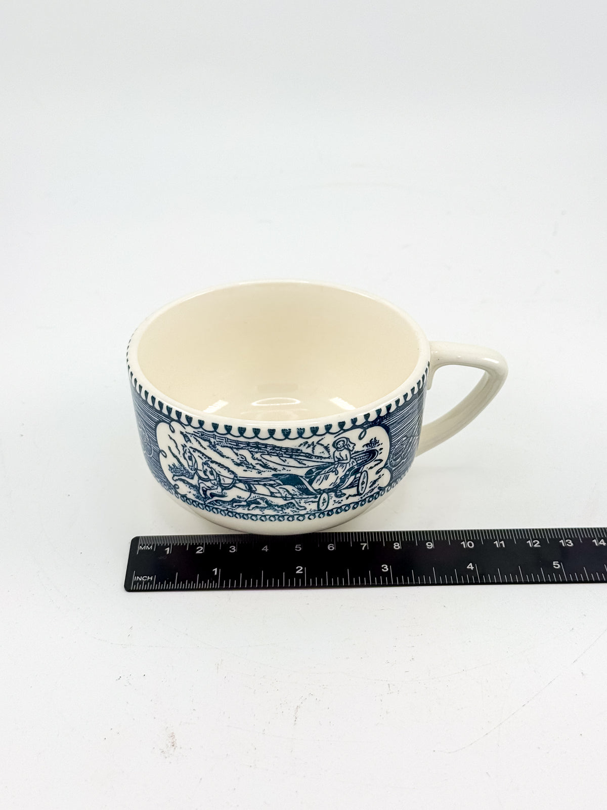 Currier and Ives Blue and Cream Ceramic Teacup or Coffee Cup with Horse-Drawn Carriage Scene, Sold Individually