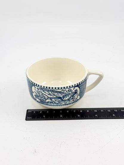 Currier and Ives Blue and Cream Ceramic Teacup or Coffee Cup with Horse-Drawn Carriage Scene, Sold Individually