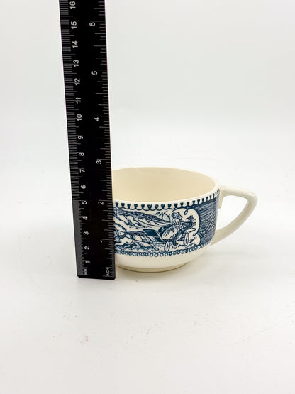 Currier and Ives Blue and Cream Ceramic Teacup or Coffee Cup with Horse-Drawn Carriage Scene, Sold Individually