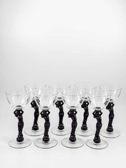 Vintage Cambridge Nude Stem Cocktail Glass with Ebony Black Figural Lady, Art Deco Goblet, Sold Individually